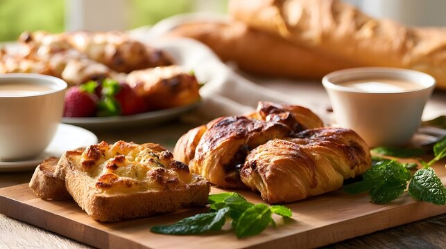 Freshly baked pastries and bread with mint leaves and coffee cups on a wooden board in warm natural light