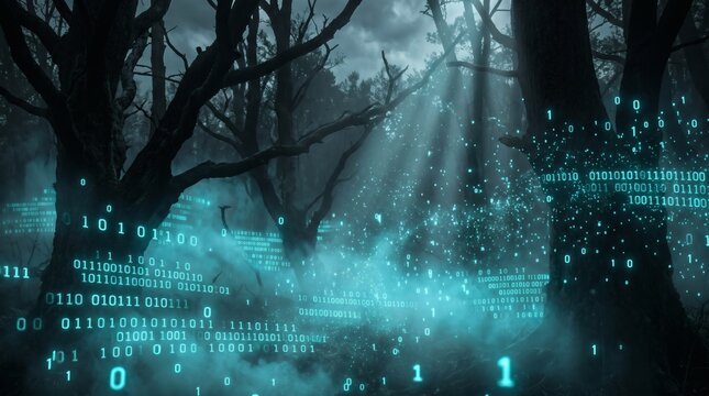 Digital Binary Code Glowing in Dark Foggy Forest Landscape