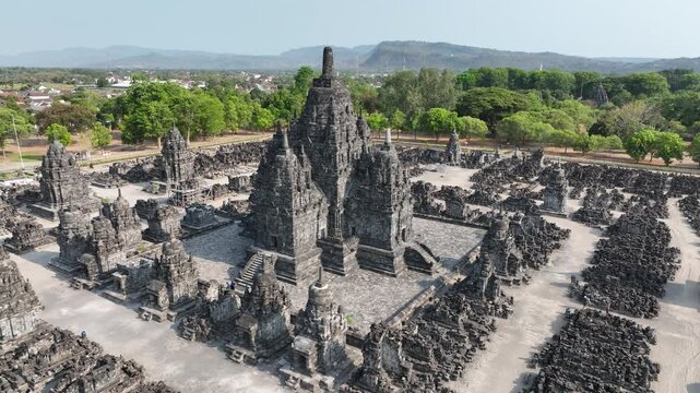 Aerial view of the historical sites of Prambanan Temple in Yogyakarta, Java, Indonesia