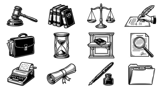 Vintage Law Icons: Gavel, Books, Scales, Quill, Briefcase, Hourglass, Courtroom, Magnifier, Typewriter, Scroll, Fountain Pen, Folder