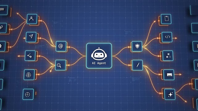 AI Agent Intelligence Core Connecting Automation and Digital Workflow Modules Motion Graphics