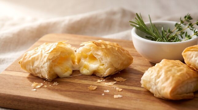 Delicious melted cheese appetizer ideas showcased in a crispy puff pastry on a wooden cutting board background.