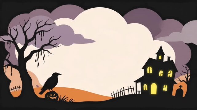 Spooky Halloween Landscape with Haunted House and Flying Crow