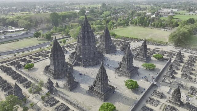 Aerial view of the historical sites of Prambanan Temple in Yogyakarta, Java, Indonesia