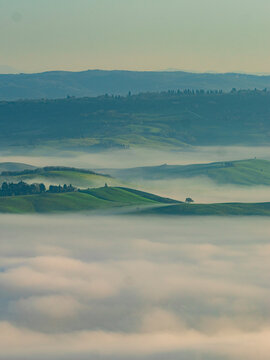 Sunrise view of the fog at Val d'Orcia, Tuscany.