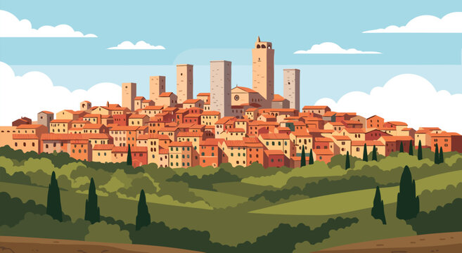 Vector illustration of a medieval Tuscan hill town with historic towers and cypress trees in a rolling landscape