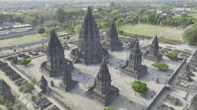 Aerial view of the historical sites of Prambanan Temple in Yogyakarta, Java, Indonesia