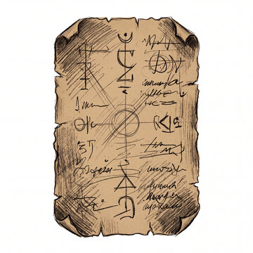 Ancient parchment with mysterious hand drawn cryptic symbols