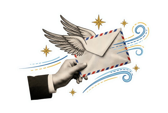 Flying airmail winged envelope, suited hand releasing vintage airmail envelope with feathered eagle wings and breeze trails. Express courier postal airmail isolated on transparent background.