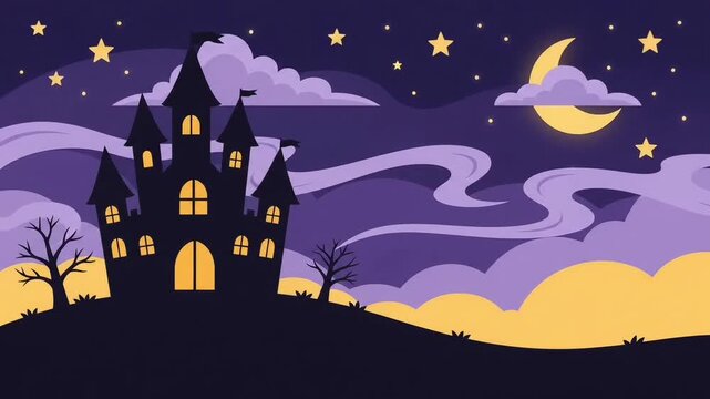 Haunted Castle Silhouette Under a Full Moon on Halloween Night