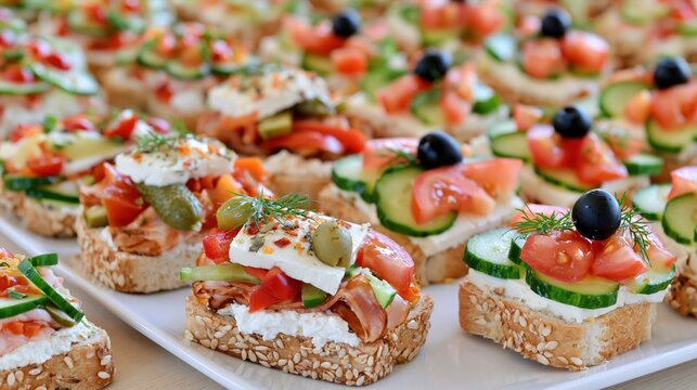 Assorted bitesized appetizers are arranged in rows on a platter.