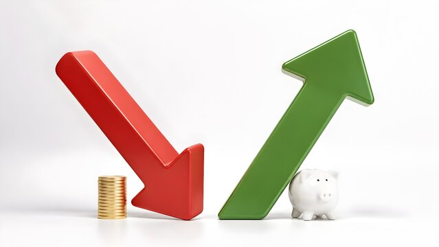 Cost Reduction And Profit Growth Concept With Red And Green Arrows And Piggy Bank