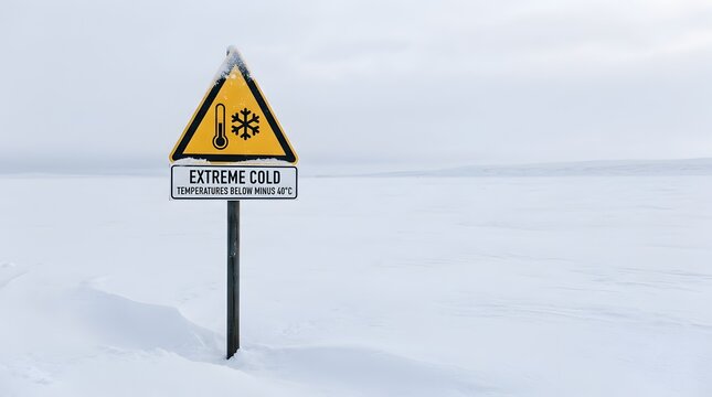 Extreme cold temperature warning sign standing in desolate frozen landscape covered in deep snow during severe winter season