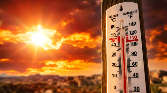 Extreme heat warning indicator on outdoor thermometer measuring severe temperatures in arid desert landscape during blazing sunset