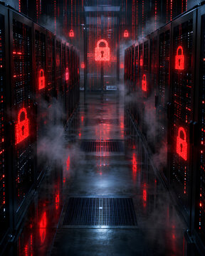 Ransomware Cyberattack Concept with Glowing Red Padlock Symbols in Dark Data Center Server Room, Network Security and Data Breach