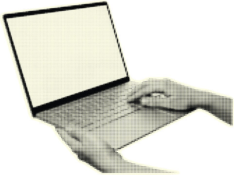 Hand using laptop computer halftone collage. Trendy retro halftone collage element isolated on transparent background. Vector illustration.