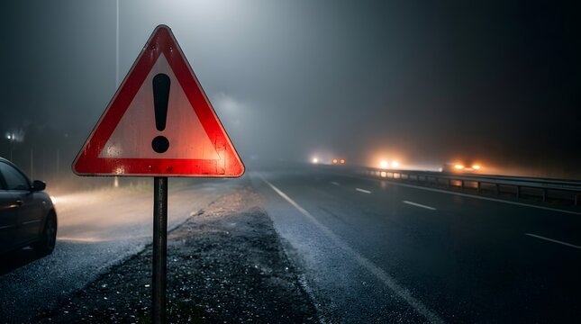 Red triangle hazard warning sign on dark foggy highway at night emphasizing dangerous driving conditions and road safety