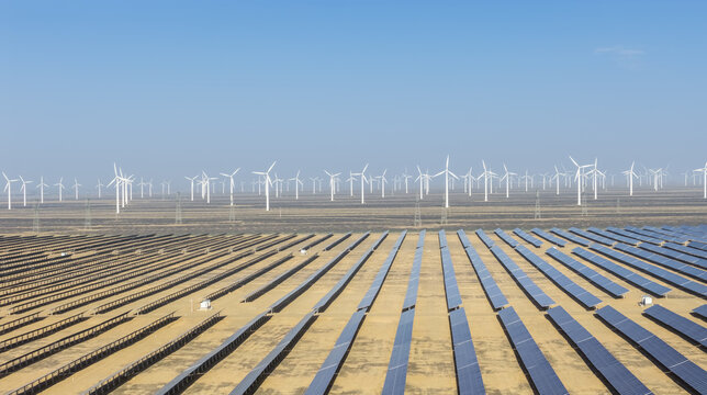 Solar Panel Rows and Wind Turbine Array in Desert Gobi Renewable Energy Farm