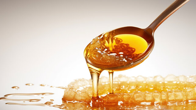 golden honey dripping from a spoon, sweet liquid flowing, food photography, studio shot, macro.
