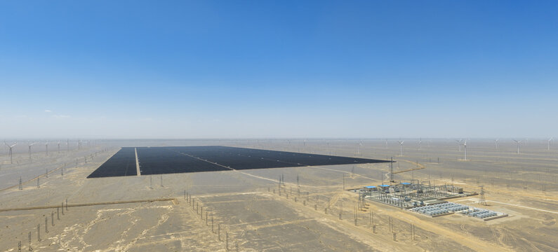 Aerial Panorama of Solar Wind and Energy Storage Integrated Station in Desert Gobi