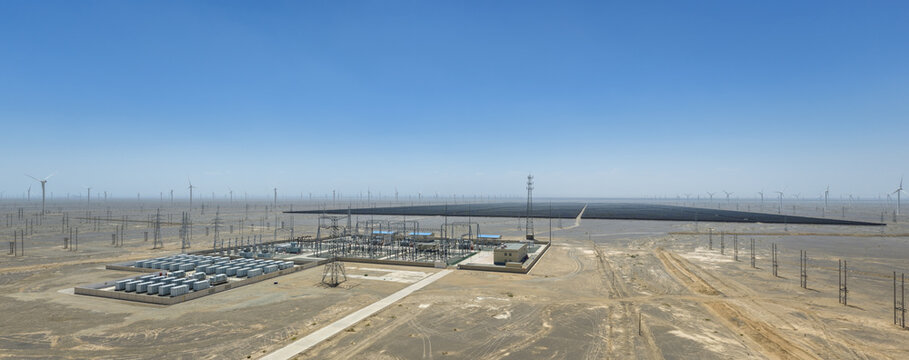 Panoramic Aerial View of Wind Solar Battery Station on Gobi Plain