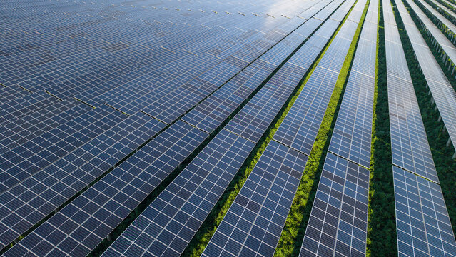 Aerial view of a large solar farm with rows of photovoltaic panels installed in a field, capturing sustainable energy generation technology