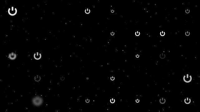 Template animation of evenly spaced power button symbols of different sizes and opacity. Animation of transparency and size. Seamless looped 4k animation on black background with stars