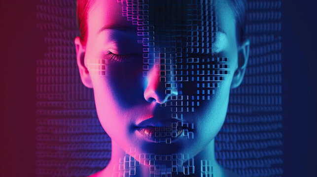 cyborg human face digital art.face merging with computer code.conceptual art of artificial intelligence.female face with binary code patterns, blue and pink neon lights, abstract background.