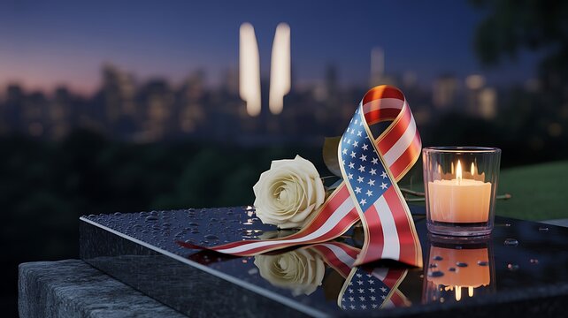 American flag ribbon with white rose and memorial candle on polished granite tombstone during twilight