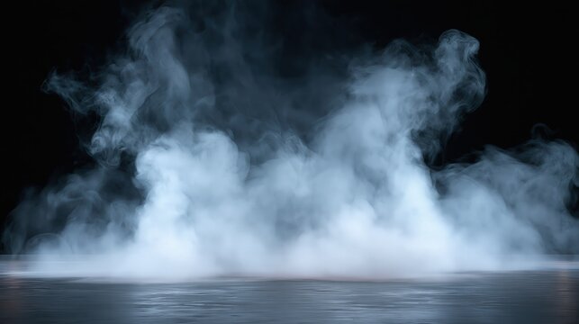 Wispy ethereal mist rises from a reflective dark surface in a smoky atmosphere.