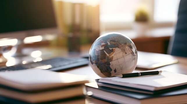 A small globe sits on a desk beside notebooks and a pen  suggesting global business or travel planning in a modern office setting