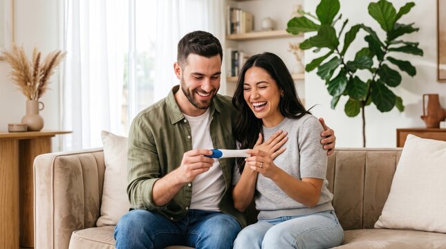 Excited husband and wife smiling joyfully after looking at a positive pregnancy test result in their living room.