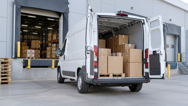 White Delivery Van Loaded with Cardboard Boxes Parked at Modern Warehouse Loading Dock for Freight Shipping