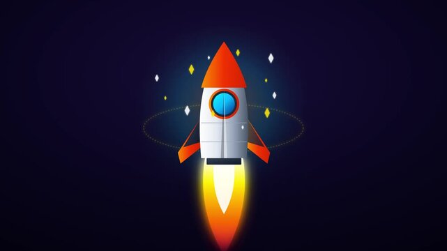 Animated cartoon rocket ship launching upwards with powerful fire propulsion and sparkling light effects on a deep blue background, symbolizing business startup success, growth, and innovation.