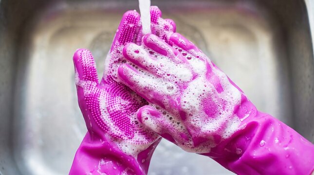 Cleaning gloves washing hands with soap suds under running water in stainless steel kitchen sink, hygiene and household chores concept.