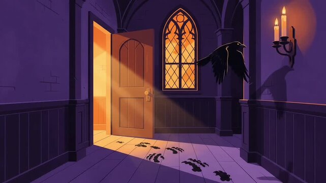 Spooky Gothic Hallway with Open Door and Colorful Stained Glass Window