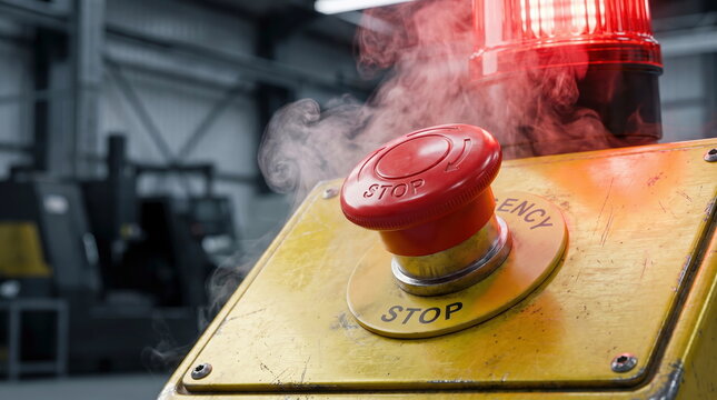 Emergency stop button activated with smoke and flashing light in industrial factory, machine malfunction safety warning.