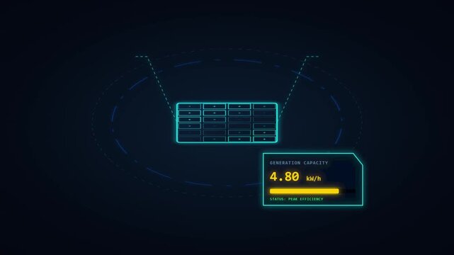 Futuristic HUD interface displaying solar panel energy generation capacity and efficiency. Digital dashboard showing real-time power output data for renewable and sustainable technology concepts.