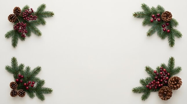 A festive christmas background featuring decorative pine branches and natural pinecones arranged in the four corners of frame