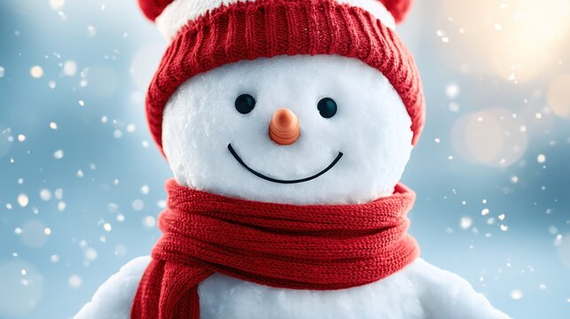 fine. A cheerful snowman standing in a winter landscape with gently falling snowflakes. travel magazines, destination branding, designed for travel destination branding, used by procurement managers.