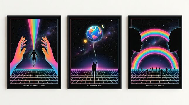 Three framed posters featuring surreal sci fi artwork with glowing silhouettes and rainbows against a dark starry grid landscape background