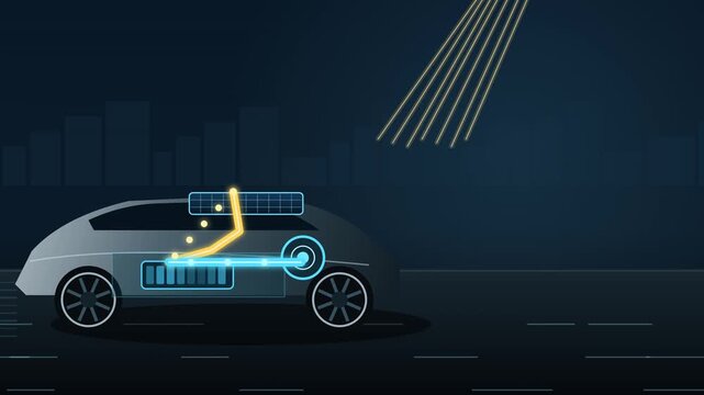 Futuristic electric car visualization featuring a glowing charging symbol and digital interface elements, representing smart mobility, electric transportation, connected vehicle technology, clean ener