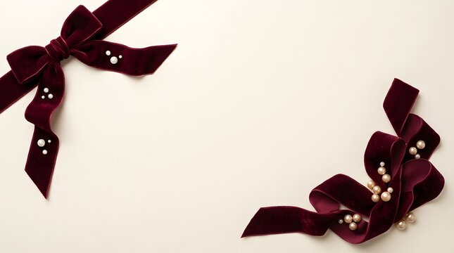 Elegant dark red velvet ribbons with pearls arranged on a white background for a festive christmas holiday design