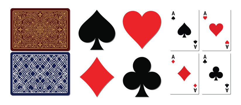 Set of playing card backs and suit symbols with aces