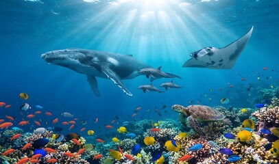 Fototapeta premium World Animal Day, Majestic humpback whale swimming with dolphins manta ray and sea turtle over vibrant tropical coral reef in sunlit ocean.