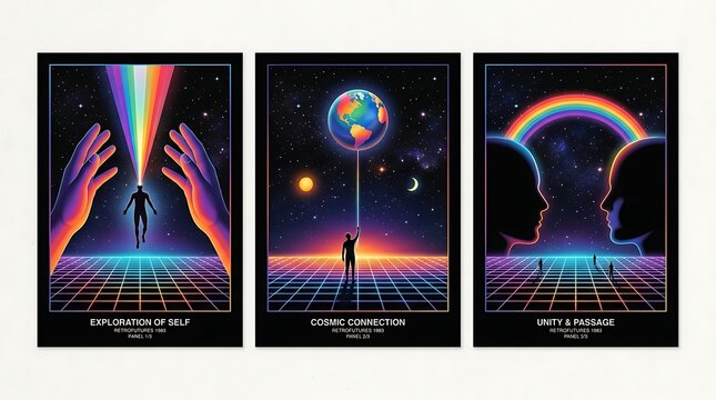 Three retro futuristic art posters featuring space themes with human silhouettes and rainbow light against a dark starry grid background