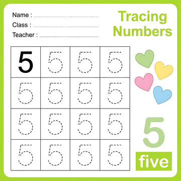 Tracing numbers worksheet for kids featuring number five with colorful heart illustrations