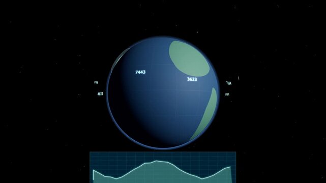 An authentic high-resolution 3D Earth globe featuring a neon energy pulse on the USA, floating hologram numbers ringing the globe, and a transparent economic stock chart below.