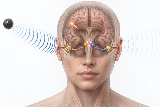Sound Localization Pathways in Human Brain and Ears