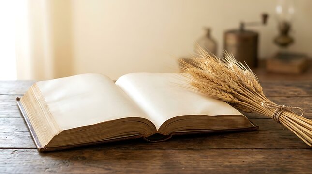 Vintage open book sits beside a bundle of wheat on a rustic wooden desk.